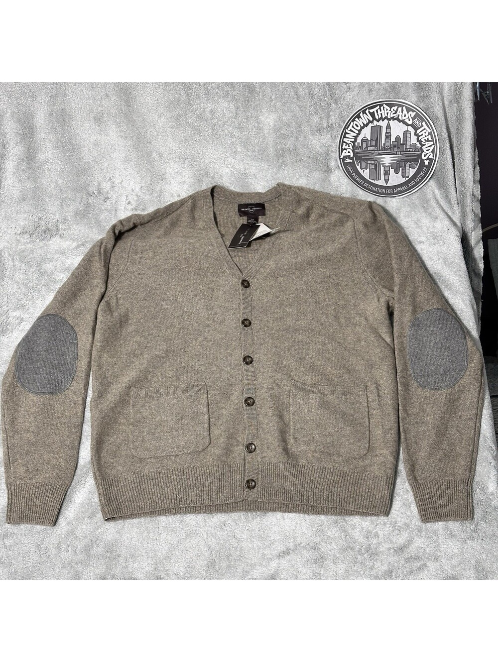 Black Brown 1826 Mens Sz. L V-Neck Buttoned Lambswool Sweater Elbow Patch